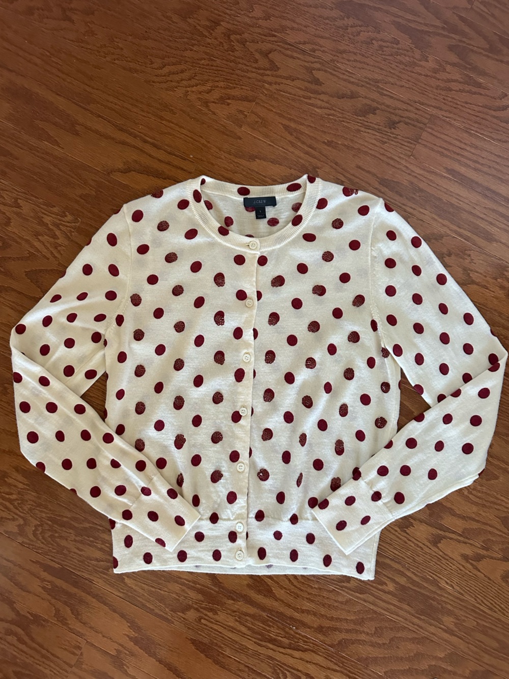 J. Crew 100% Merino Wool Polka Dot Sequin Tippi Cardigan Red Cream Large - Picture 3 of 10